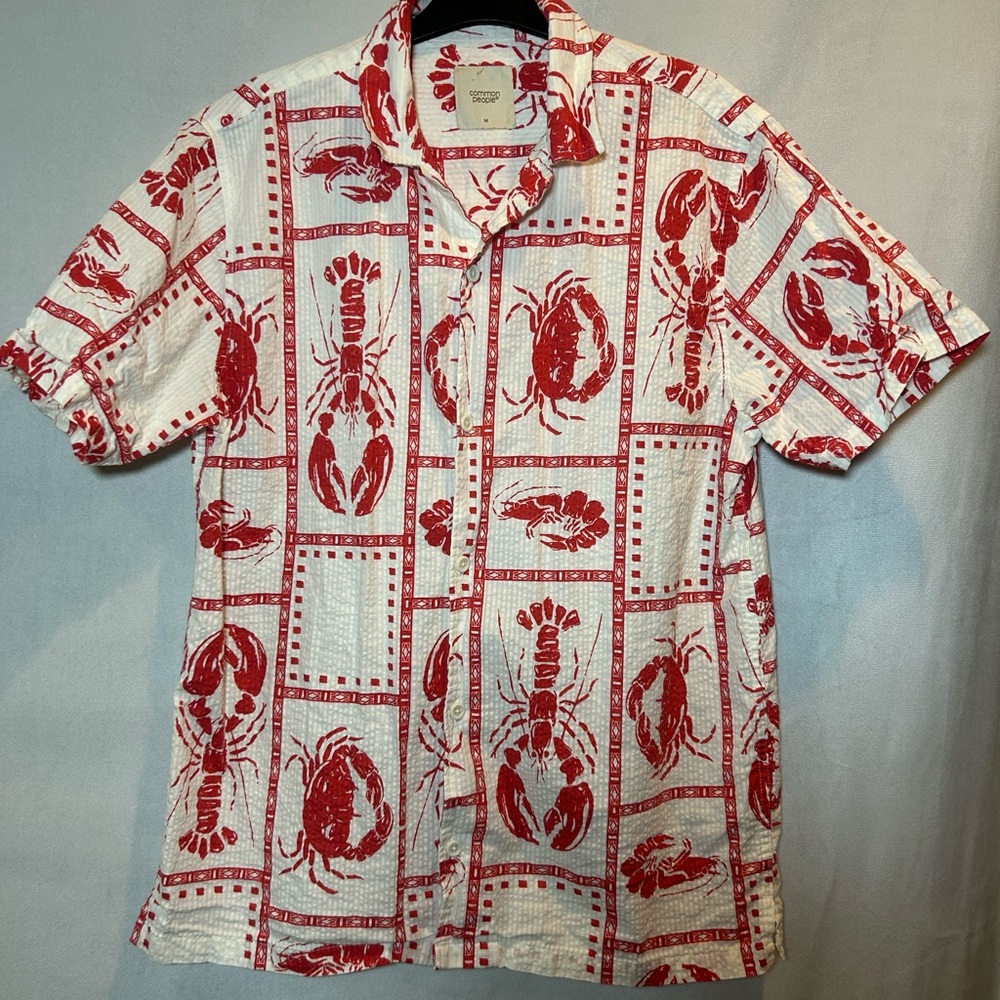 Common People Red Lobster Print Textured Cotton Short Sleeve Button-Up Shirt M